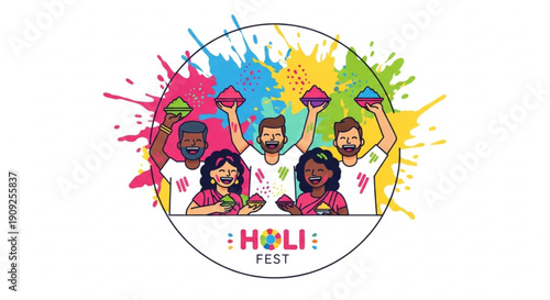 Vibrant holi festival celebration with diverse group of friends playing with colorful powder