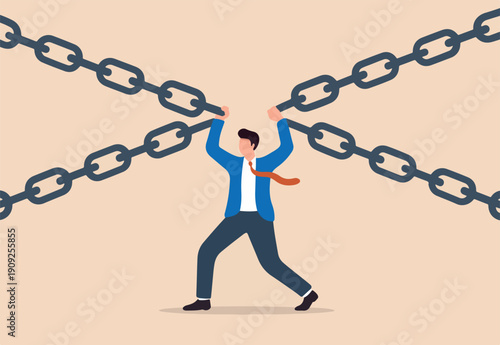  Single point of failure, risk or vulnerable weak point to make all system down, important point to hazard or beware danger concept, businessman at try so hard to hold multiple chain to avoid failure