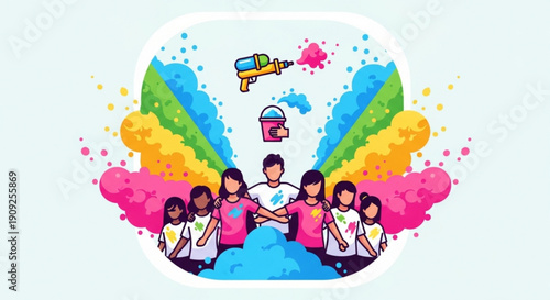 Diverse group of friends celebrating holi festival with colorful powder and paint