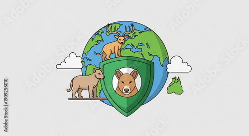 Earth protected by shield with animals symbolizing conservation and wildlife safety globally