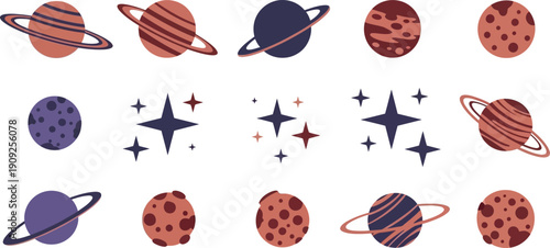 Colorful Cartoon Planets and Stars Illustration.