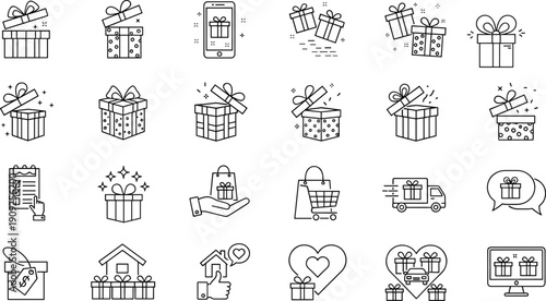 Gift Box Icon Set Featuring Reward Surprises, Birthday Presents, Shopping Bag Delivery, Online Mobile Rewards, Loyalty Program Bonuses, Holiday Celebration Packages, And Gift Giving Symbols.