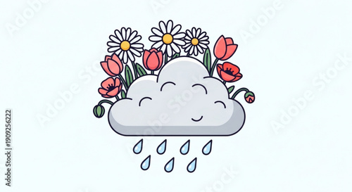 Smiling cloud with colorful flowers and raindrops on a light blue background symbolizing spring weather and happiness