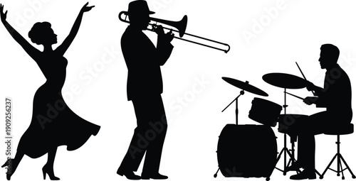 Silhouette illustration of live jazz-inspired performance with dancer, trombone player, and drummer on stage capturing rhythm, movement, and musical energy for entertainment and artistic design