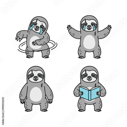 Cartoon sloth set with different activities in a minimalist style