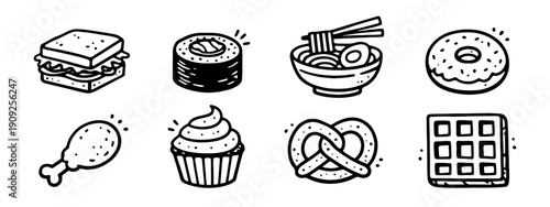 Set of hand-drawn food doodle icons featuring a sandwich, sushi, ramen bowl, donut, chicken leg, cupcake, pretzel, and waffle. Minimalist black ink.