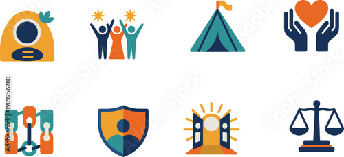 Modern community values icon set, charity protection justice unity support symbols, colorful flat vector illustration collection for social concepts
