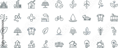 Sustainable energy and eco environment line icons set with renewable power recycling green city clean transport climate and ecology outline symbols