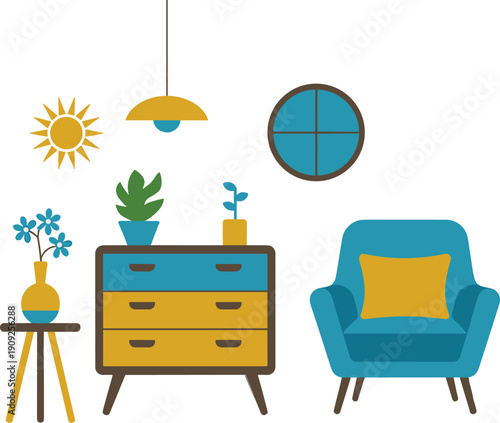 Modern living room illustration, cozy interior furniture, armchair dresser plants decor, minimalist home design, flat vector set, colorful Scandinavian style