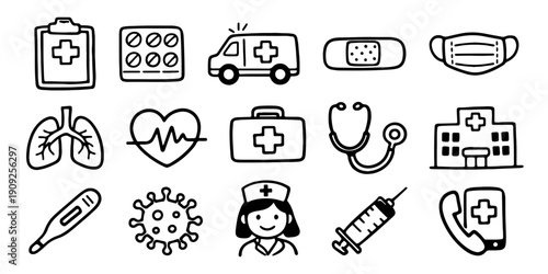 Set of hand-drawn medical and healthcare line icons including ambulance, stethoscope, hospital, and first aid supplies in a doodle style.