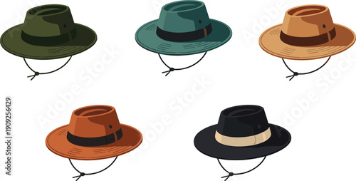 Outdoor safari hats collection illustration featuring fedora style wide brim headwear isolated on white background flat vector design fashion accessory
