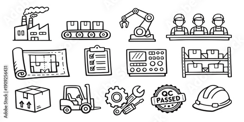 Set of hand-drawn factory and manufacturing icons in a doodle style, featuring industrial tools, equipment, workers, and logistics symbols.