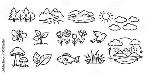 A versatile collection of hand-drawn nature icons featuring mountains, trees, animals, and plants in a clean, minimal black and white doodle style.