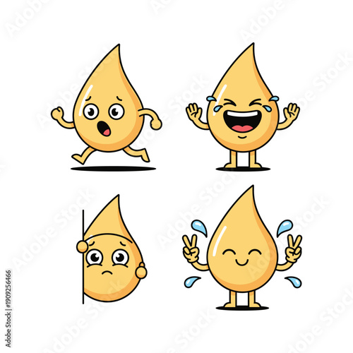 Cartoon water droplets expressing different emotions and actions