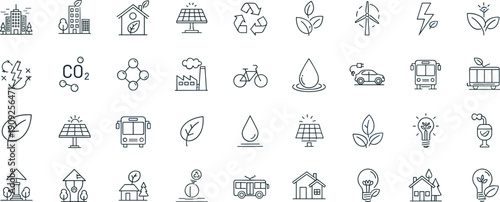 Sustainable energy and eco environment line icons set with renewable power recycling green city clean transport climate and ecology outline symbols