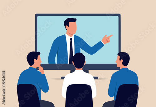 Online consultant, manager giving advice on remote work, online conference or communicate with team via internet concept, businessman manager giving advice from computer monitor to team members