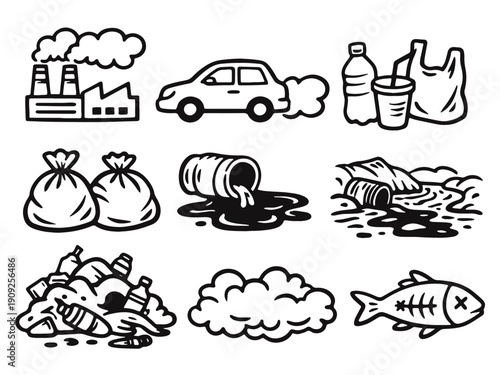 Collection of hand-drawn doodle icons representing environmental pollution, including air, water, and plastic waste. Perfect for ecology projects.