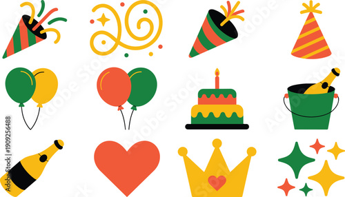 Party celebration icons, birthday elements, balloons cake confetti, festive decorations, flat vector illustration set for events parties holidays design collection