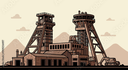 Illustration of a mining facility with two headframes against a desert landscape with mountains