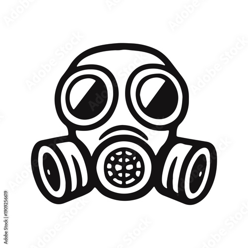 Hand-drawn vector illustration of a gas mask icon in a bold black and white doodle style, perfect for safety, survival, and apocalyptic themes.