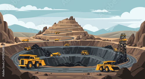 Illustration of a large open-pit mine with yellow trucks and heavy machinery in a desert landscape with mountains.