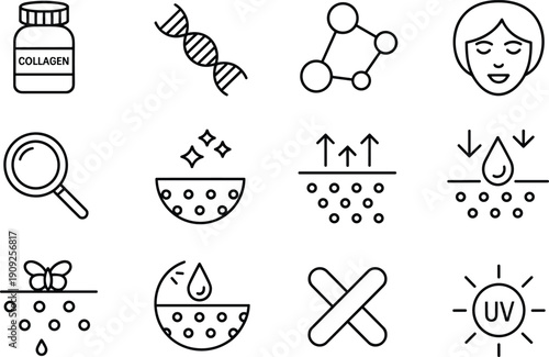 Skincare and beauty science line icons set featuring collagen supplements, DNA molecules, skin hydration, absorption, UV protection, anti aging treatment, and dermatology care concepts