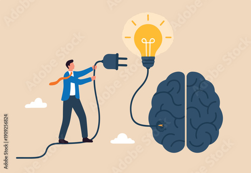  Creativity idea brainstorming, wisdom or imagination to success, connecting new idea or innovation, intelligence or solution concept, businessman connect plug with lightbulb idea to human brain