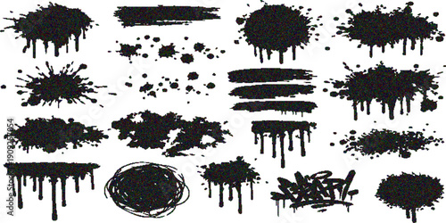Set of black ink blots and splashes featuring grunge vector art silhouettes with paint drips and spray graffiti shapes for nature inspired design illustrations