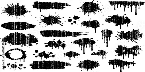 Set of black ink splashes and grunge blots featuring vector tree silhouettes and nature patterns with artistic brush stroke textures and splat borders for a dirty paint design element illustration