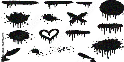 Set of black silhouettes of blots and ink splatters featuring grunge paint spray textures and graffiti brush strokes as a vector design element for artistic decoration