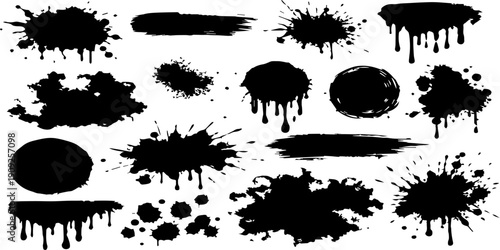 Set of black grunge ink splashes and splat blots featuring vector paint splatter stains and artistic brush texture elements for dirty design illustrations