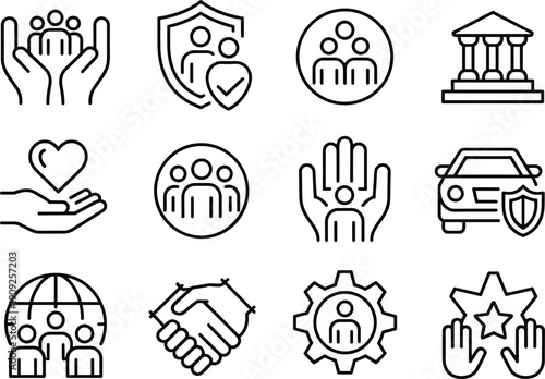 Social protection and community support line icons set featuring charity, insurance, safety, trust, cooperation, governance, global care, and human services symbols