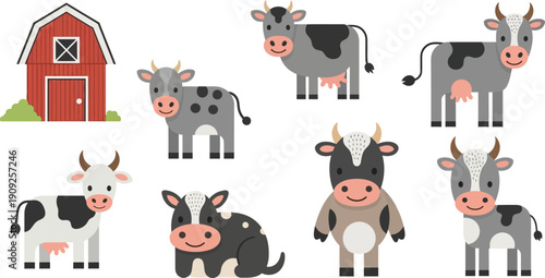 Cute Cartoon Cows Standing Near Barn.