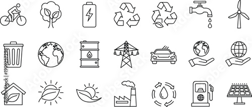 Sustainability and renewable energy line icon set featuring recycling, green power, eco transport, water conservation, solar, wind energy, and environmental protection concepts