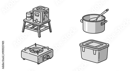 Camping Kitchen Gear: Portable Stove, Pot, Water Dispenser, Food Container