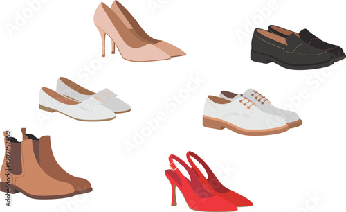 Women and men footwear collection illustration, featuring heels loafers boots and dress shoes isolated on white background flat vector design