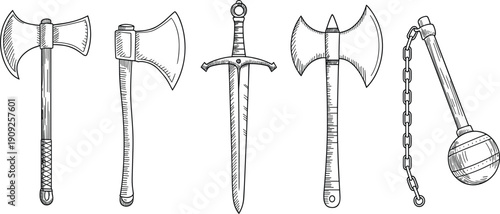 Medieval weapon set with axes, sword, and flail, vintage hand drawn vector illustration, ancient warrior equipment