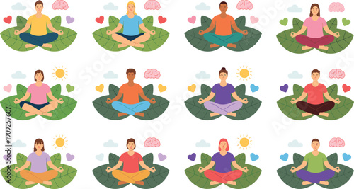Yoga meditation illustration, diverse people mindfulness practice, mental health wellness, calm balance nature leaves, flat vector character set design collection