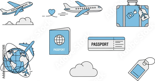 Travel icons including airplanes and luggage.