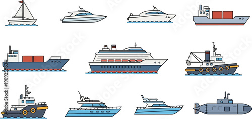 Various Types of Ships and Boats Illustrated.