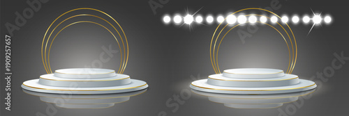 White podium stages with golden arches and spotlights