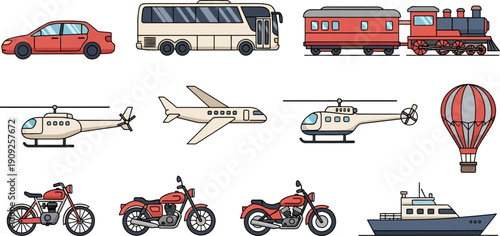 Various Vehicles and Transportation Modes Illustrated.