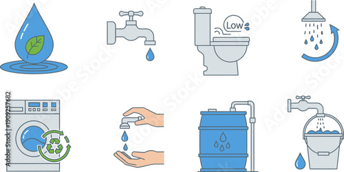 Water Conservation Icons and Household Appliances.