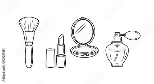 Beauty Essentials: Makeup Brush, Lipstick, Compact Mirror, Perfume Bottle - Line Art
