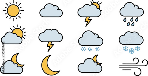 Weather Icons Collection Sun Clouds Moon Symbols.