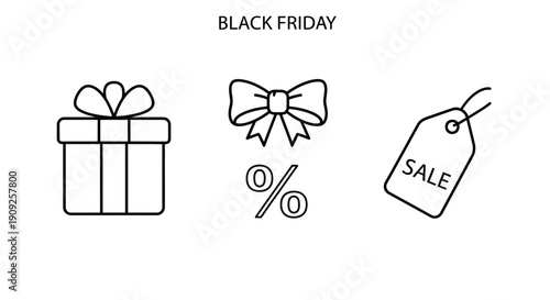 Black Friday Sale Icons: Gift Box, Bow, Discount Tag, Percentage Sign