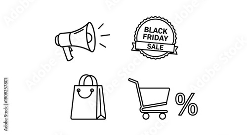 Black Friday Sale Icons: Megaphone, Shopping Bag, Cart, Percentage Sign