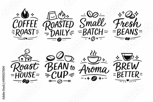 Coffee roast icons: fresh beans, aroma, small batch, daily brew