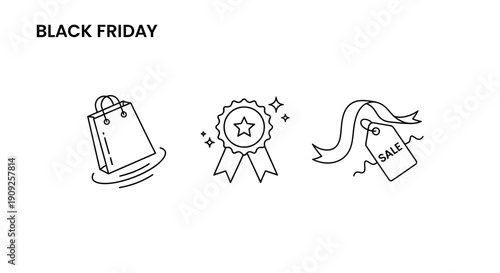 Black Friday Sale Icons: Shopping Bag, Award Badge, Sale Tag with Ribbon