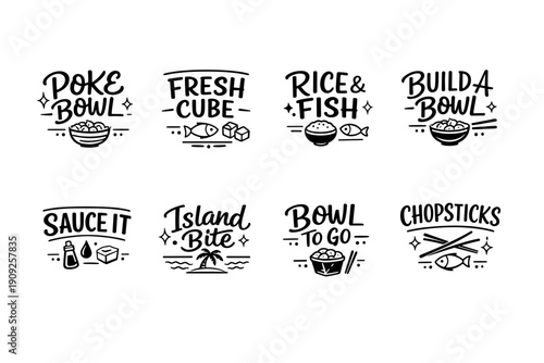 Variety of food icons featuring poke bowl, rice, fish, and chopsticks illustrations